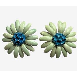 Vintage Mid-Century Blue & Green Enamel Flower Clip-On Earrings